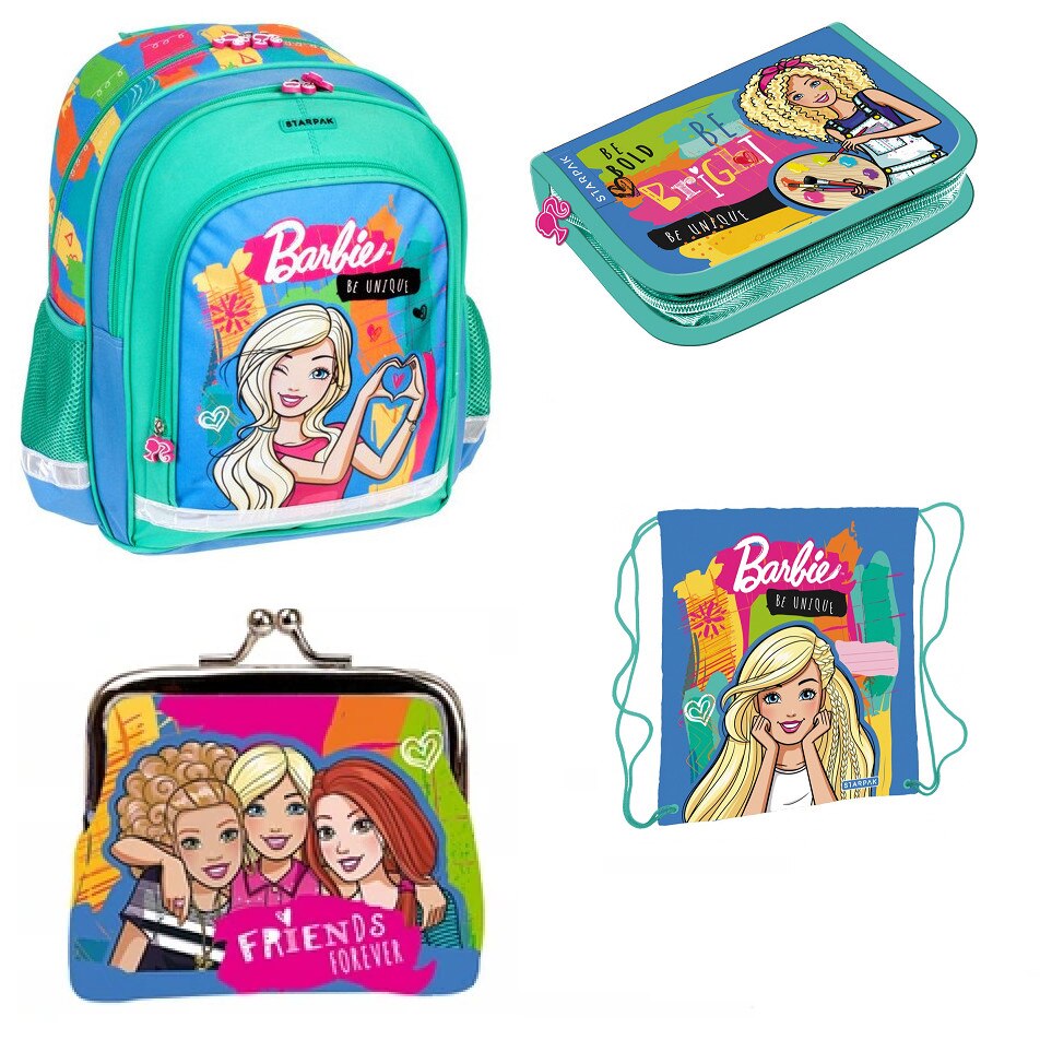 Set barbie be unique,rucsac, penar, sac pentru pantofi, portofel, multicolor